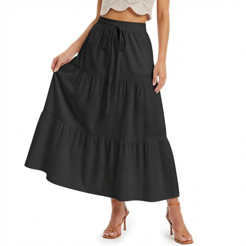 DiULi Jupe Longue Femme Taille Haute, Jupe Bohème Légère A-Line avec Cordons de Serrage, Ceinture Élastique, Volants Superposés, Robe Maxi pour Plage Vacances Été