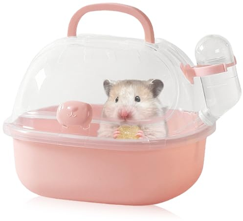 Hamster Transportlåda med vattenflaska, bärbar hamster med bekvämt handtag, 20 l x 18 B x 19 H cm, reselåda för möss marsvin kanin (rosa)