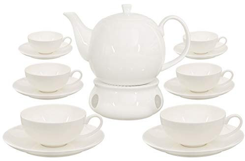 Buchensee Teeservice aus Fine Bone China Porzellan. Teekanne in fein-cremigem Weiß mit 1,5l Füllvolumen, 6 Teetassen, 6 Unterteller und Stövchen.