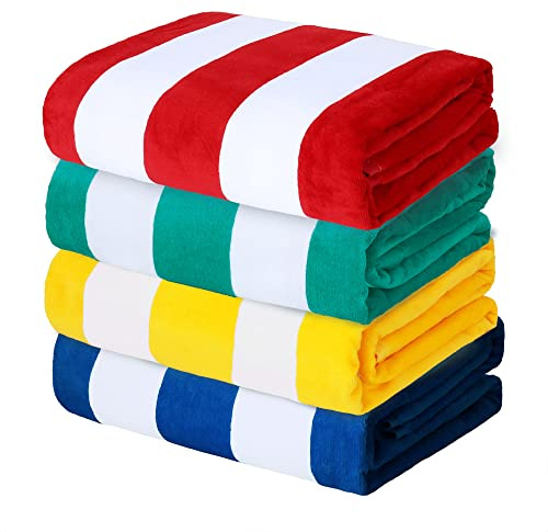 Exclusivo Mezcla 4 Pack Cotton Large 30x60 Inches Soft Cabana Stripe Thick Beach Towel, Super Absorbent Travel Bath Pool Towel (Red/Turquoise/Yellow/Ocean Blue)