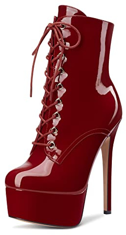 Aachcol Femmes Bottines Plate-forme Aiguille Haut High Talon Heel Rond Bout Dress Chaussures Lacets Vernis Bourgogne Rouge 16 CM 38 EU