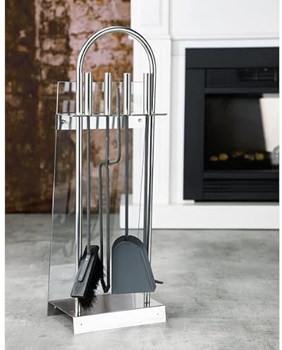 habeig Moderner Kaminbesteck-Ständer 5.-tlg. aus hochwertigem Edelstahl und Glas ca. 22x15,5x64,5cm
