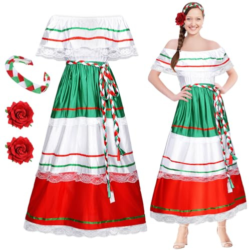 Riyiper Traditional Mexican Dress for Women Fiesta Senorita Costume Spanish Dress with Flower Hair Clip Headband(2X-Large)