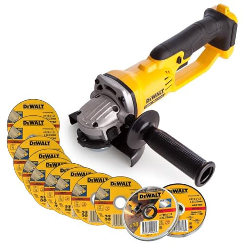 DEWALT DCG412N 18v XR Cordless 125mm Angle Grinder + 10 Disc 115mm 1.2mm Discs