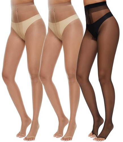 MANZI 3 Pairs Toeless Pantyhose Tights for Women Ultra Thin 10D Toe Open Control Top Pantyhose（2 Natural+1 Black，XL