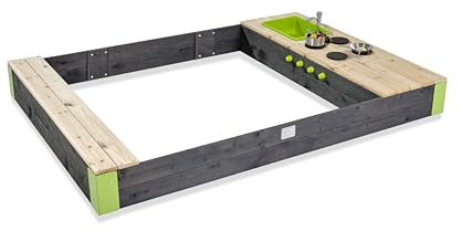 EXIT Toys Aksent Grand Bac à Sable en Bois avec Cuisine - Cuisinière Pivotante, Accessoires de Cuisine, Évier, Robinet Fonctionnel, Rangement & Banc - Pour Enfants - 100% FSC Bois de Cèdre - 200x140cm