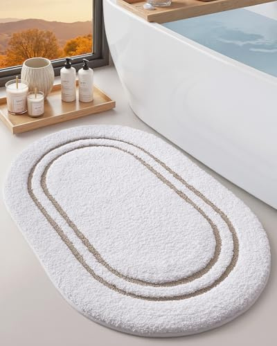 DEXI Oval Bath Mats for Bathroom, 17x30 Absorbent Bath Mat, Washable Microfiber Bathroom Rug with Non Slip Backing for Shower Floor, Beige