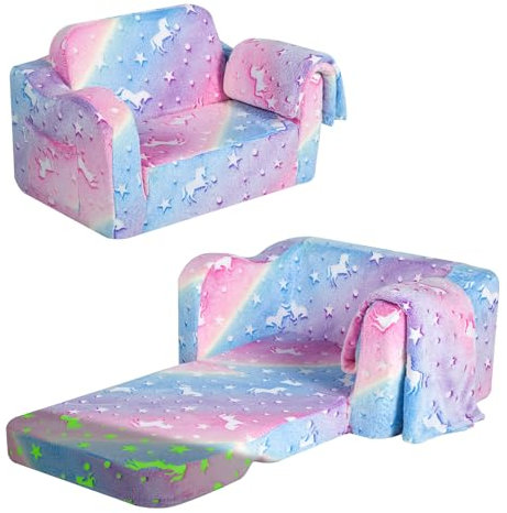 MeMoreCool Kindersofa Ausklappbar, 2-in-1 Kleinkinder Schlafsofa, Kindersessel mit Schlaffunktion, Mini Couch für Kuschelecke Kinderzimmer, Spielsofa für Mädchen und Jungen, Leuchtender Regenbogen