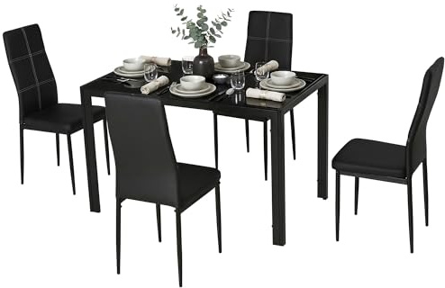 HOMCOM Conjunto de Comedor de Mesa y 4 Sillas 5 Piezas Juego de Muebles de Cocina Mesa Rectangular de Vidrio Templado y Sillas Tapizadas en PU con Patas de Metal Negro