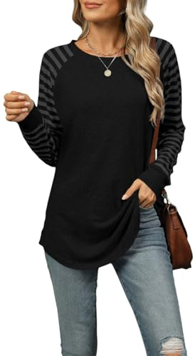 CIZEUR Pull Femme Chic et élégant avec Rayures sur Manches Longues T Shirt Col Rond Décontracté Ourlet Arrondi Blouses Sweat-Shirts Tuniques Automne Hiver,Noir M