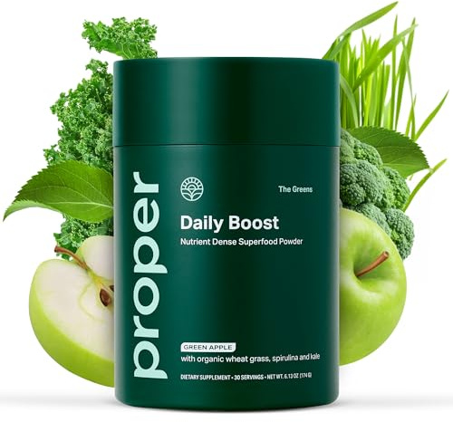 Proper, The Greens Daily Boost Organic Greens Powder. Whole Food, Apple Flavour Veggie Powder Superfood with Wheatgrass, Spirulina, Chlorella, Probiotics. Daily Drink Mix for Wellness and Digestion