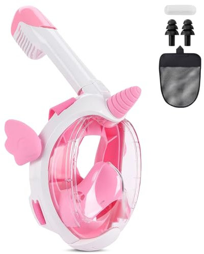MZJAUVF Schnorchelmaske Kinder, Tauchmaske Vollgesichtsmaske, CO2 Sichere Tauchmaske, 180° Panoramablick, Schnorchelset Kinder von 3-12 Jahren, mit Ohrstöpseln, Aufbewahrungsbeutel（XS, Rosa