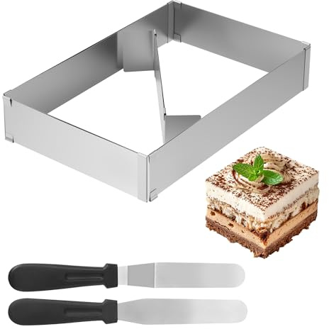 Teglia Rettangolare per Dolci Regolabile, anello rettangolare in acciaio inox alto 5 cm, regolabile da 18x35-34x53 cm, con divisorio e 2 spatole per cuocere e decorare torte a strati