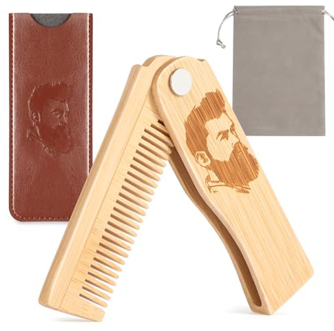 Folding Beard Comb for Men, Portable Bamboo Beard & Mustache Comb Hair Brush with Travel Pouch, Ideal Father’s Day, Birthday, Christmas Stocking Stuffers Gift for Him