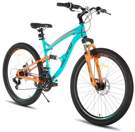 Hiland mountainbike 26 tum dubbel upphängning - MTB 21-växlad unisex med dubbla skivbromsar, ram i kolstål, främre och bakre upphängning, blå