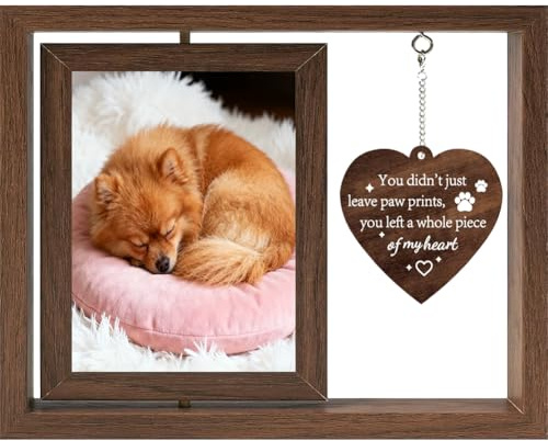 PRESSINART Marco de Fotos Conmemorativo de Perro de Madera Marco de Fotos Conmemorativo de cotas Giratorio 4x6 Regalos Conmemorativos con Dije de Corazón Dejaste Un Pedazo Entero de Mi Corazón