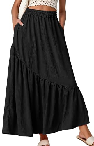 GRECERELLE Maxikjol för kvinnor, långa sommarkjolar för kvinnor, elastisk midja, boho blommig A-linjekjol med fickor och volangfåll för semester och vardagskläder