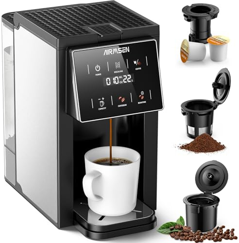 AIRMSEN Grind & Brew Coffee Maker with Built-in Grinder (2026 Model) - Single-Serve, Compatible with K-Cup Pods & Ground, 1000W Fast 6-14oz Brewer, Descaling Alert, Touchscreen & 50oz Removable Tank