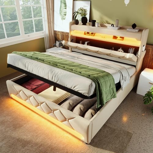 QQU 6ft Upholstered Bed with LED Lighting, USB Type-C Charging, Storage Headboard Bed Frame, Hydraulic Storage Double Bed Frame with Metal Slatted Frame, Linen, No Mattress, Beige