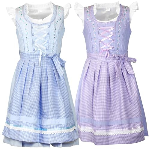 MS-Trachten Kinderdirndl Lina - Dirndl per bambini, colore viola e blu, con camicetta e grembiule, 3 pezzi, abito tradizionale per ragazze, lilla., 152
