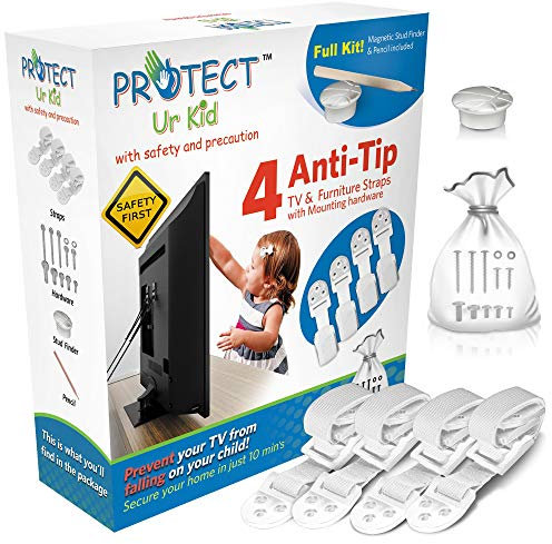 Kippsicherung TV und Möbel Gurte - mit Montageset - TV Kippschutz Gurte für Baby Sicherheit - 4 Stück in weiß