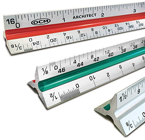 OCM 1 Triangular Architect Scale Ruler (Professional Grade Solid Aluminum) Color Coded 12 Inch Architectural Scale (Imperial Measurements) - Ideal for Architects, Engineers, Draftsman and Students