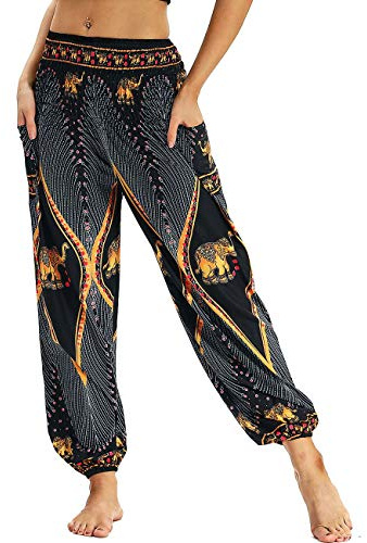 Nuofengkudu harembyxor, hippiebyxor för kvinnor, säckiga, bohemiska, mönstrade, hög midja, smockad midja, tunna med fickor, loungebyxor för yoga, sommar, strand, en storlek