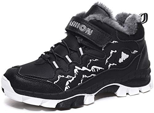 ZYLDK Winterschuhe Jungen Warm Gefütterte Trekking Schuhe Wasserdicht Wanderschuhe Kinder Schneestiefel Outdoor Baumwollschuhe rutschfest mit Klettverschluss, Schwarz, 38 EU