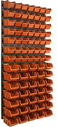 Etagere murale 84 bacs a bec oranges, panneau murale 58 x 117 cm Etagere empilable pour garage, atelier, banc de travail, systeme de rangement modulable, fixer au mur