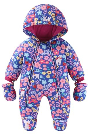 JiAmy Baby Toddler Girls Boys Winter Hooded Romper Snowsuit with Gloves Booties Cotton Jumpsuit Outfits Purple Flowers 18-24 Months