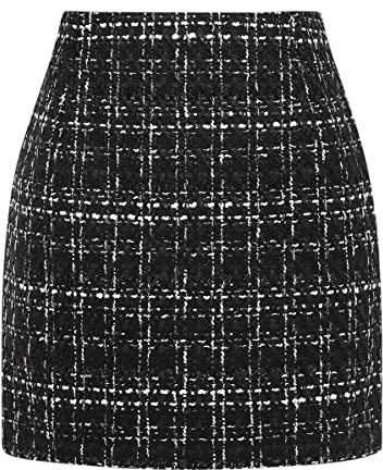 IDEALSANXUN Womens High Waist Plaid Skirt Bodycon Pencil Wool Mini Skirts, Tweed Black New, M