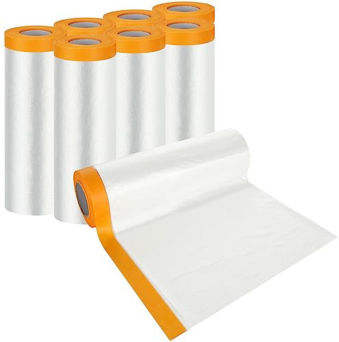 YAYODS 8 Pack Plastic Dust Sheets Rolls, 1.1M x 20M Self-Adhesive Masking Film, Transparent Pre-Taped Dust Sheets for Painting Decorating Furniture Covering, Dust-Proof & Waterproof