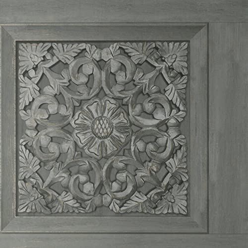 Carved Wood Panel Dark Grey Wallpaper - Modern Floral Flowers Contemporary Feature Wall