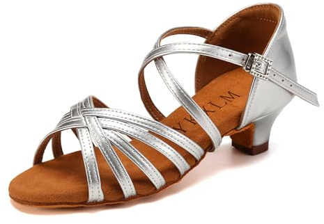 YKXLM Scarpe da Ballo Latino Americano Donna con Punta Aperta Scarpe Danza Latina Bambina con Tacco 4cm,Argento,36.5 EU