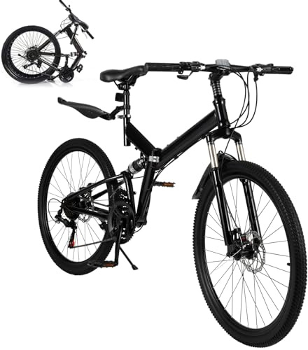 VonVVer 26 Inch Folding Mountain Bike - 21 Speed Adjustable Foldable Bicycle with Dual Disc Brakes Folding Bike Full Suspension High Carbon Steel Adult Bike for Adult Men and Women (Black)