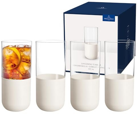 Villeroy & Boch – Manufacture Rock blanc Longdrinkbecher Set, 4tlg. Gläserset für Cocktails und Mocktails, 300 ml, Kristallglas, mattweiße Schieferoptik
