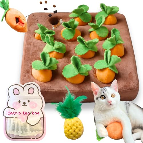 CECE PAW Carrot Catnip Toys, Interactive Feather Cat Toys for Indoor Cats, Cat Puzzle Toys for Boredom and Mental Stimulation, 12 Squeaky Carrots with Treat Pockets and 12 Catnip Tea Bags