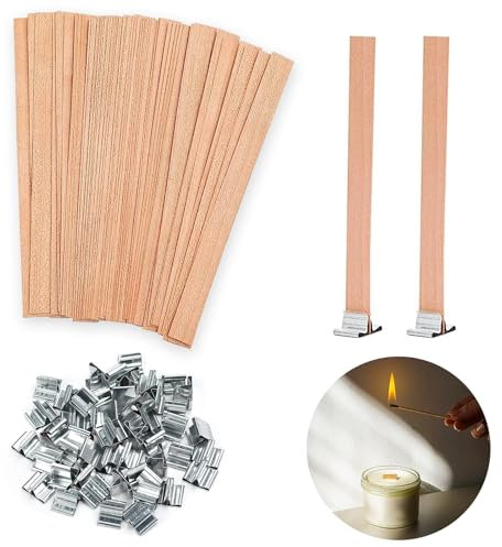 thirei 50 Piezas Mecha de Vela de Madera, Mechas para Velas, Mecha de Madera, con 50 Bases de Metal de Apoyo, Mecha para Hacer Velas, 13 x 130 mm