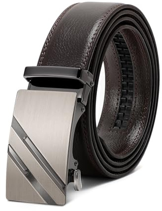 LEACOOLKEY Cinturón de cuero ajustable para hombre, cinturón de trinquete de 3,5 cm para ajustar, cinturón de hebilla automática para hombre para traje de mezclilla, D-café, 145cm,Fit waist size