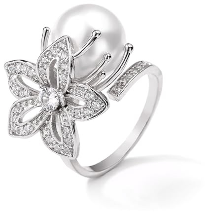 GleaMora Grande Fleur Imitation Perles Or Argent Anneaux pour Femmes Bague Fête Bijoux Romantique Doux Élégant Léger Bague de Luxe