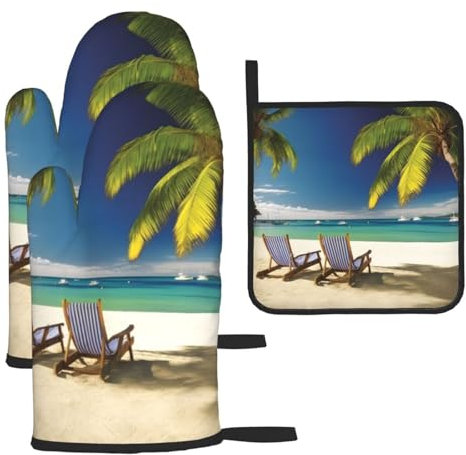 3PCS Oven Mitts and Pot Holders Heat Resistant Kitchen Oven Gloves and Hot Pads Beach Palm Tree Chairs Boats Oven Mitt Set Non-Slip Cooking Gloves Potholders for Cooking Baking BBQ