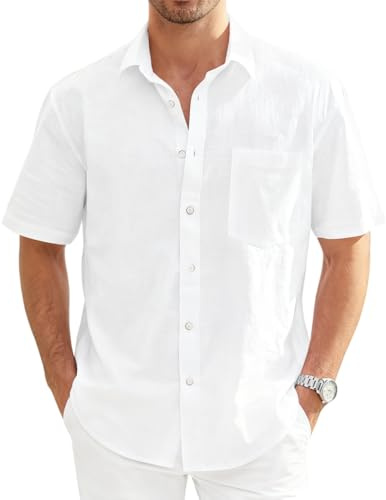 Camisas de lino y algodón para hombre, manga corta, estilo Henley, ajuste regular, casual, lisa, ligera, para verano, playa, con bolsillo, 01-camisas blancas para hombre, 5XL