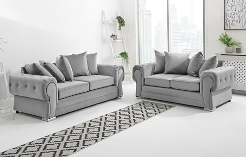 Sofahub Verona Collection - Silver Plush Velvet 3+2 Sofa Set | Scatterback Living Room Suite with Foam Cushions, Button Tufted Arms & Chrome Feet