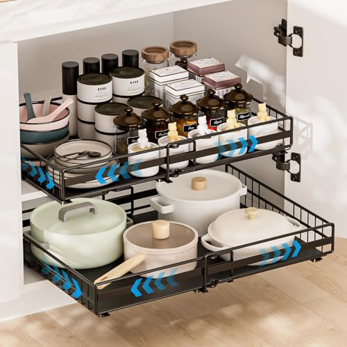 Carastek 2 Piezas Cajón Telescópico Cajones Extraibles Armario Cocina Cajón Deslizante Para Alacena Cajón de Cocina Extensible Organizador de Cajones Ancho Ajustable 31-50cm/32-52cm, Sin Taladrar