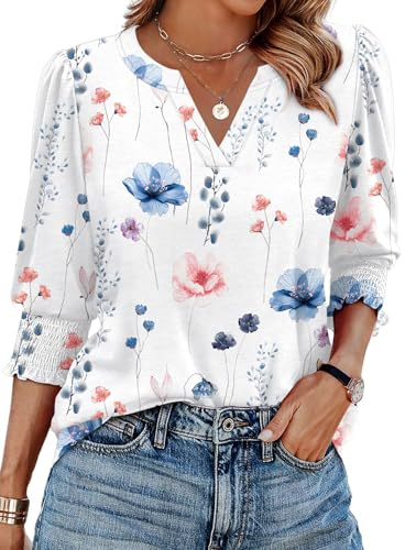 Aokosor Womens 3/4 Sleeve Tops Ladies Blouses V Neck T Shirts Puff Sleeve Tunic Curved Hem Office Wear Size 22-24 White Blue Floral