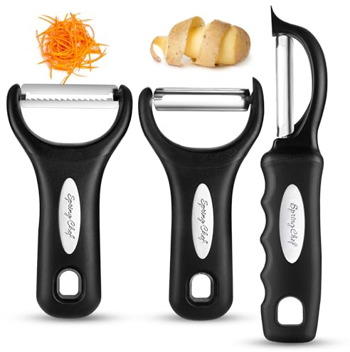 Spring Chef Vegetable Peelers for Kitchen - Stainless Steel Swivel, Y & Julienne Peelers, Potato Peelers with Soft Grip Handles, Kitchen Utensils Set of 3 for Fruits, Veggies, Apples, Carrots