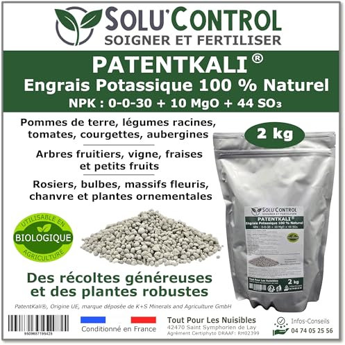 2 kg de PatentKali® SOLU’CONTROL – Engrais Potassique 100% Naturel – NPK 0-0-30 + Magnésium (MgO 10%) et Soufre (SO₃ 44%) – Plantes, Potager, Fruits, Fleurs – Utilisable en Agriculture Biologique