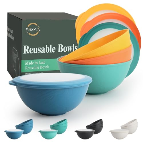 Wrova Unbreakable Plastic Bowls Set with Lid 1250ml Reusable Deep Bowl Set for Serving Oatmeal, Salad, Soup Microwave Safe Bowl for Indoor and Outdoor 4 PCS - Multi Colors
