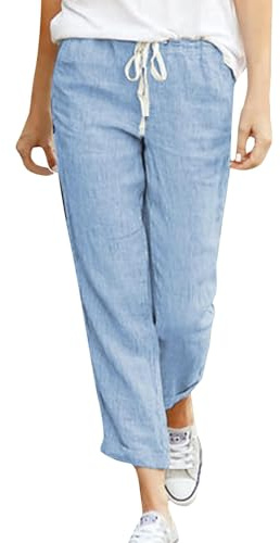 Cegerne Pantalon d’été en Lin pour Femmes 7/8 Pantalon de Plage décontracté en Coton léger, Bleu, L