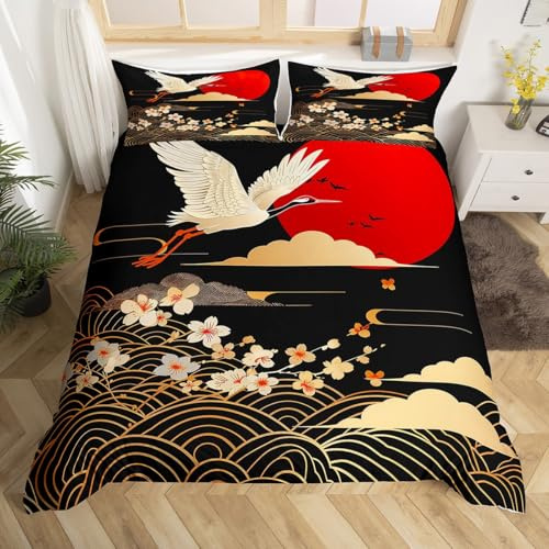 Loussiesd Set di biancheria da letto in stile giapponese con fiori di ciliegio, per bambini, ragazzi e ragazze, copripiumino a tema Ukiyoe, 2 pezzi, per letto singolo, con cerniera